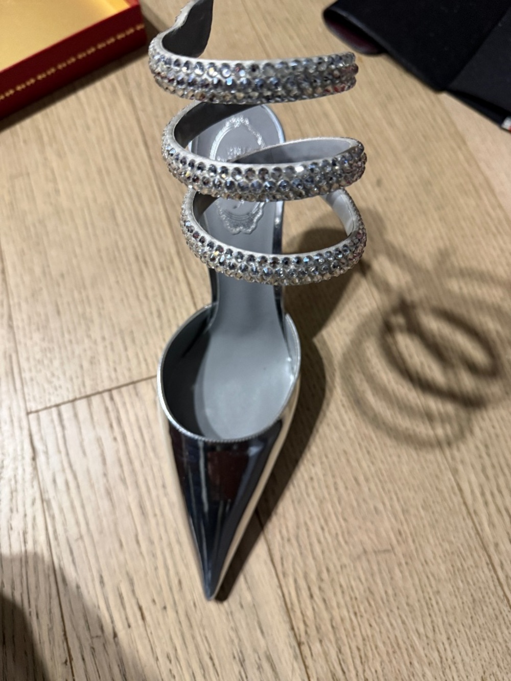 Rene Caovilla Cleo Silver Sandals Heels 105 Patent Leather Crystals